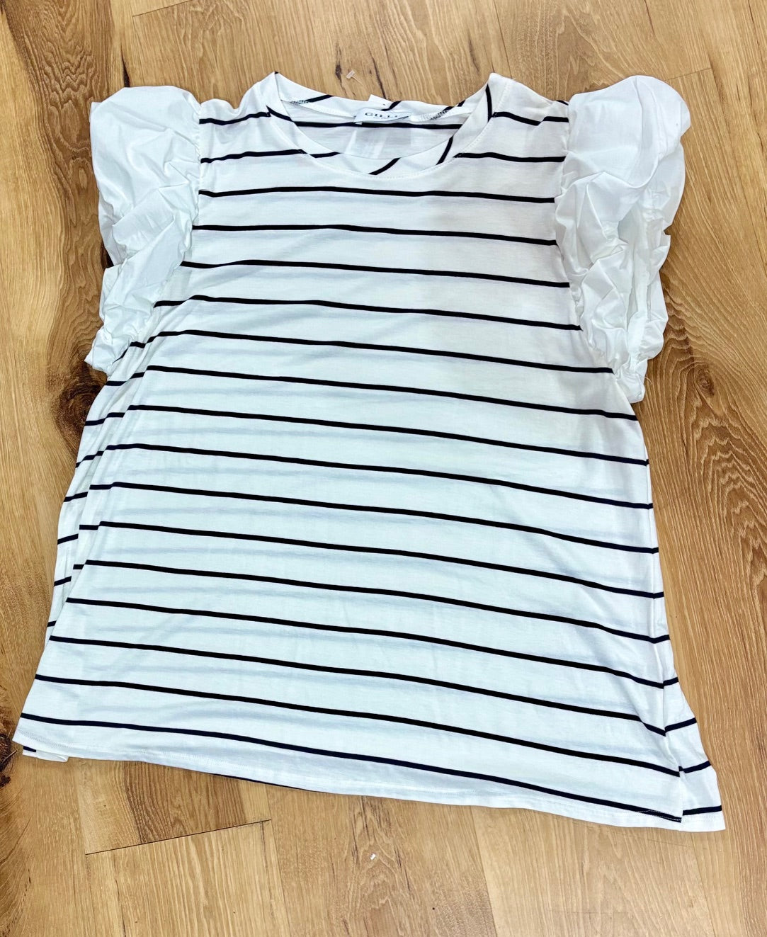 Curvy Puff sleeve knit & woven mix stripe top