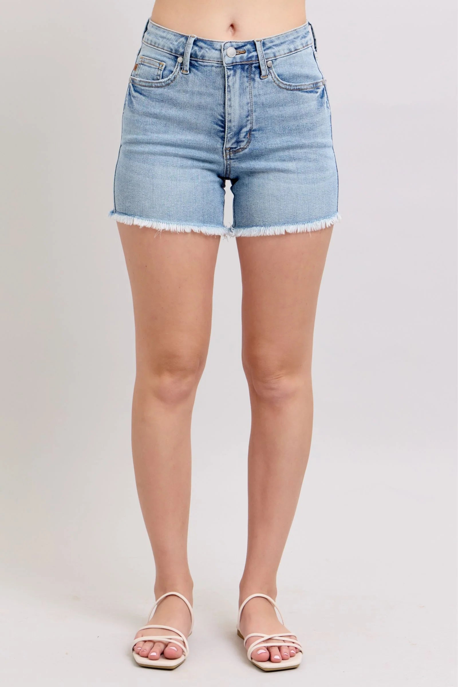 Curvy Judy Blue Tummy Control Light Fray Hem Shorts
