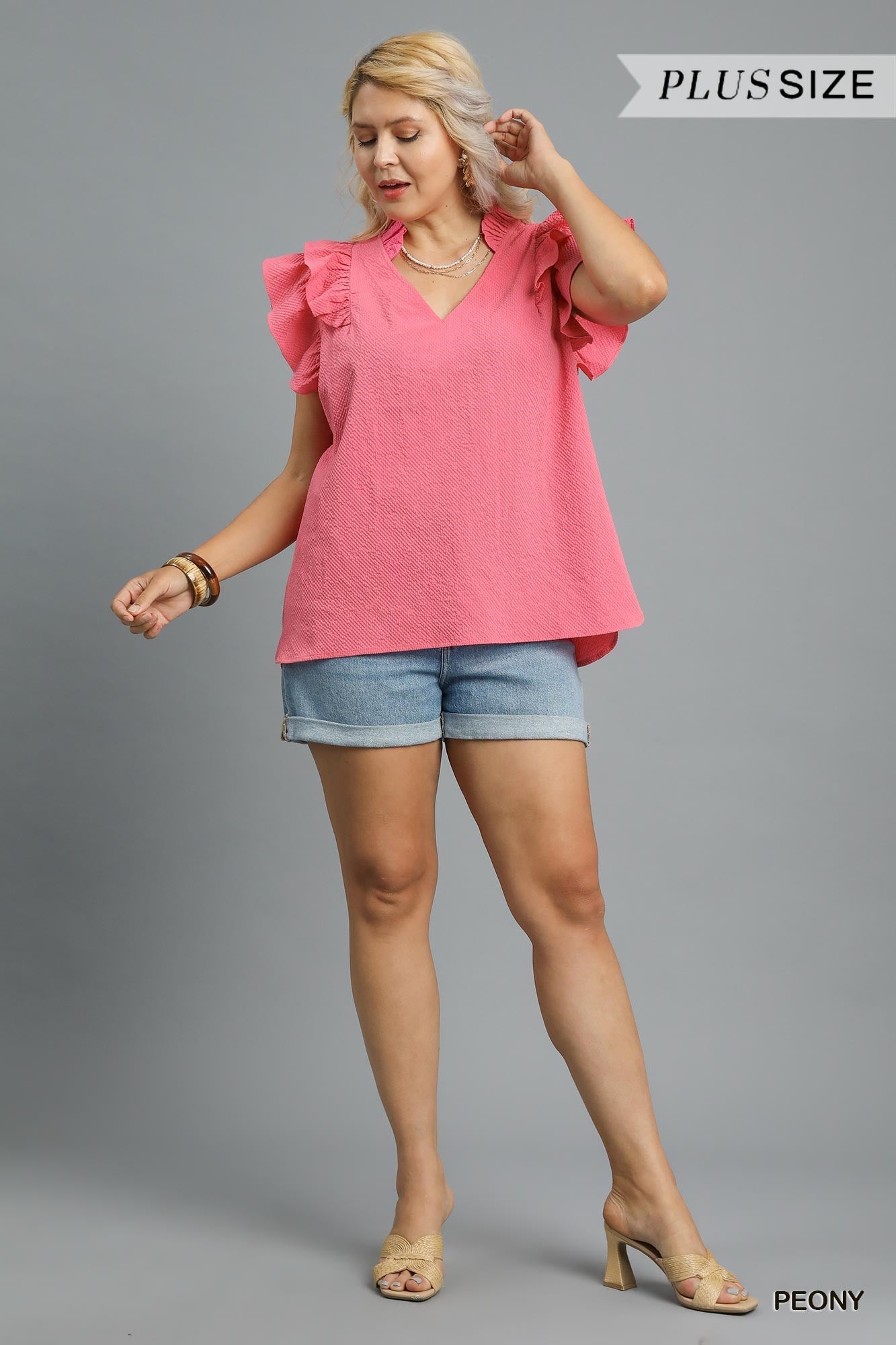 Curvy Textured Ruffle Sleeve V-Neck Blouse