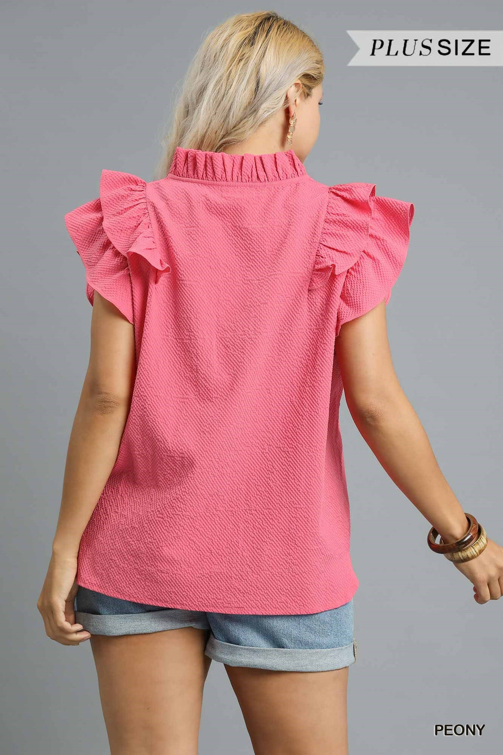 Curvy Textured Ruffle Sleeve V-Neck Blouse