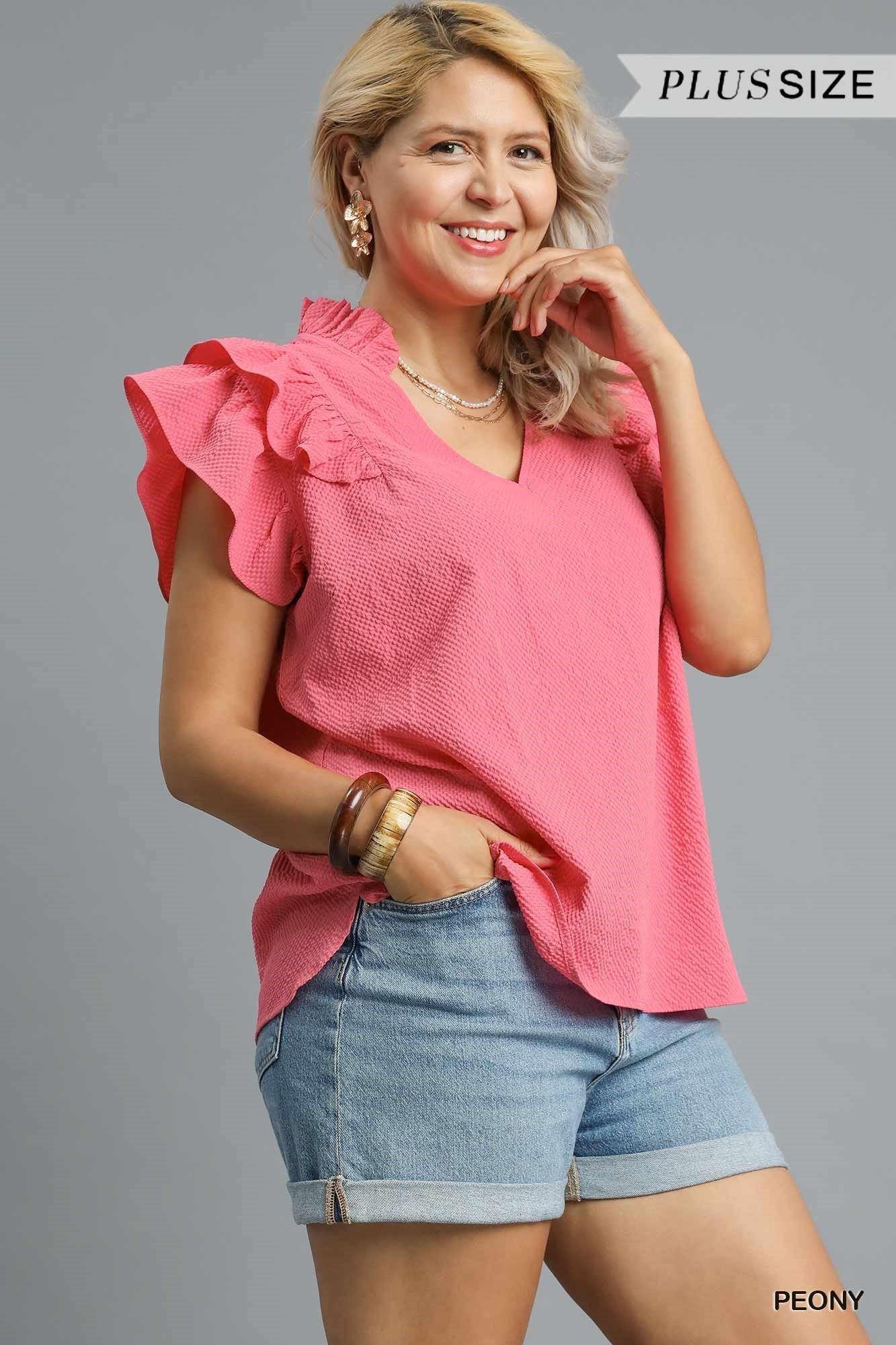 Curvy Textured Ruffle Sleeve V-Neck Blouse