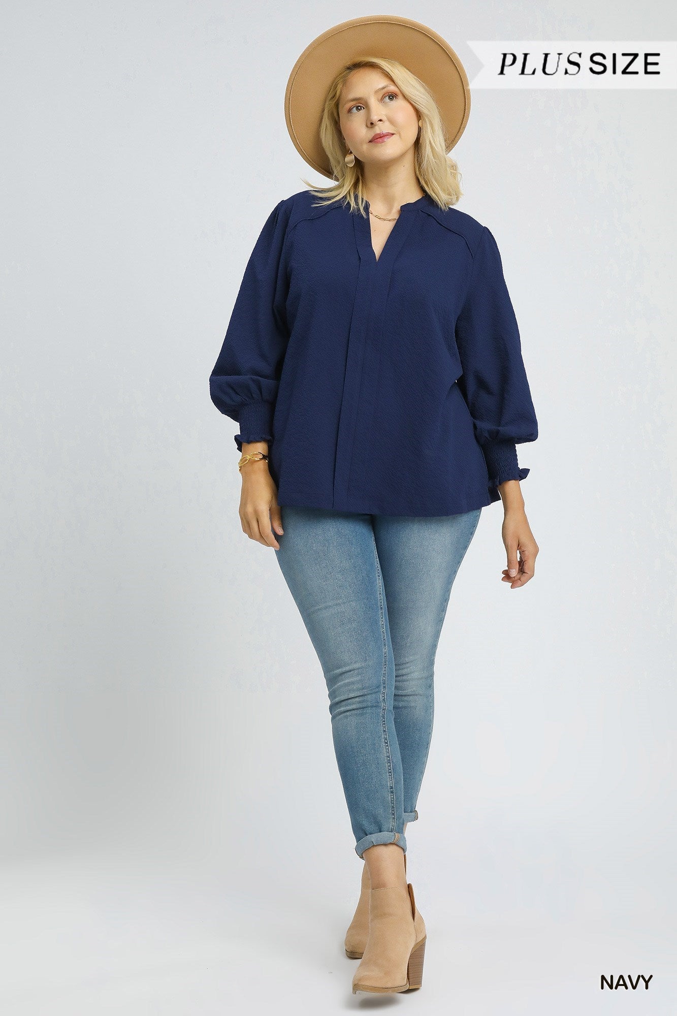 Curvy Textured V-Neck Blouse with Smocked Cuffs