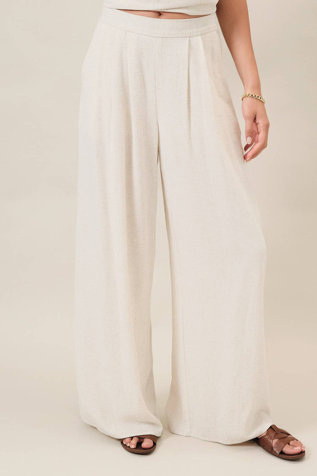 PLEATED DETAIL WIDE LEG LINEN PANTS