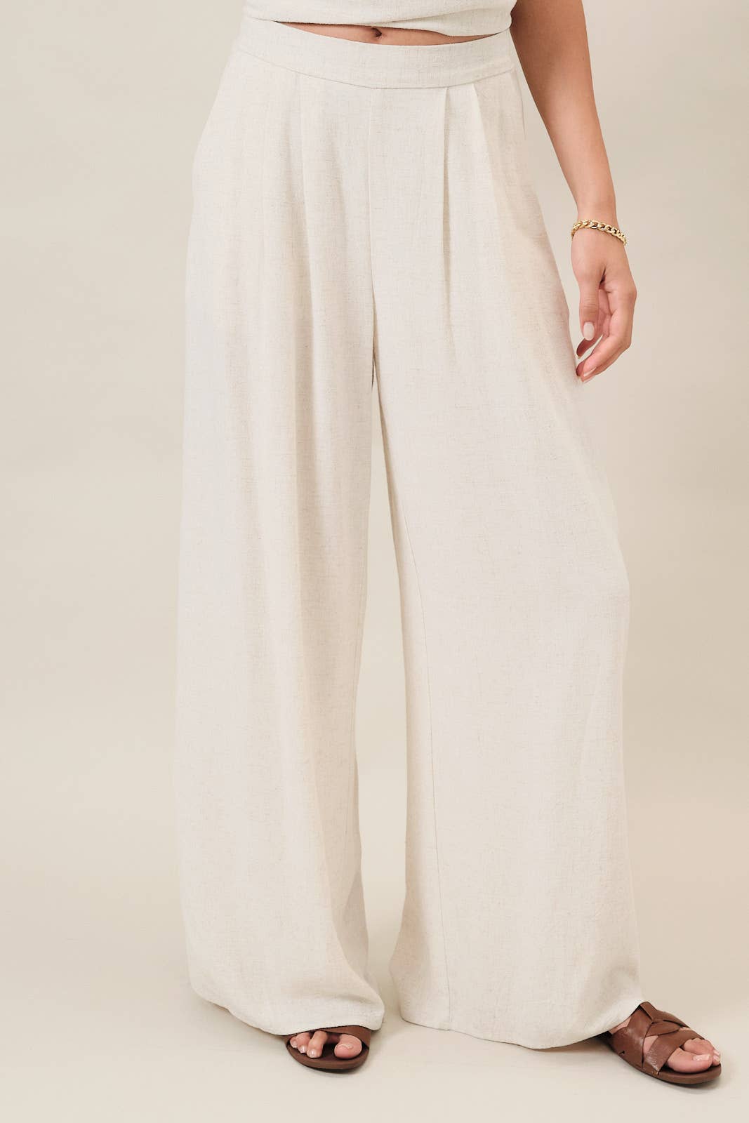 PLEATED DETAIL WIDE LEG LINEN PANTS