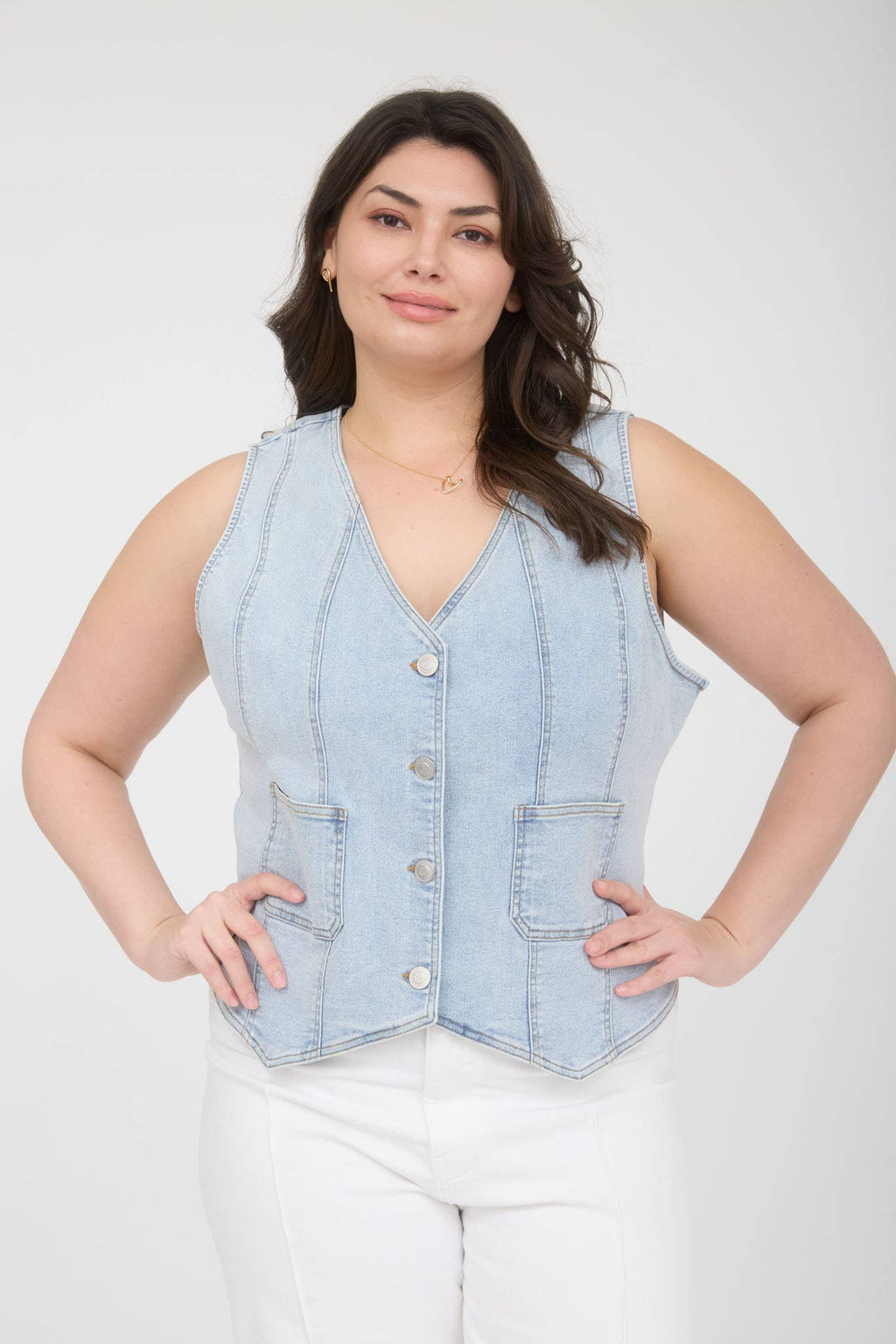 CURVY V NECK SLEEVELESS BUTTON DOWN DENIM VEST