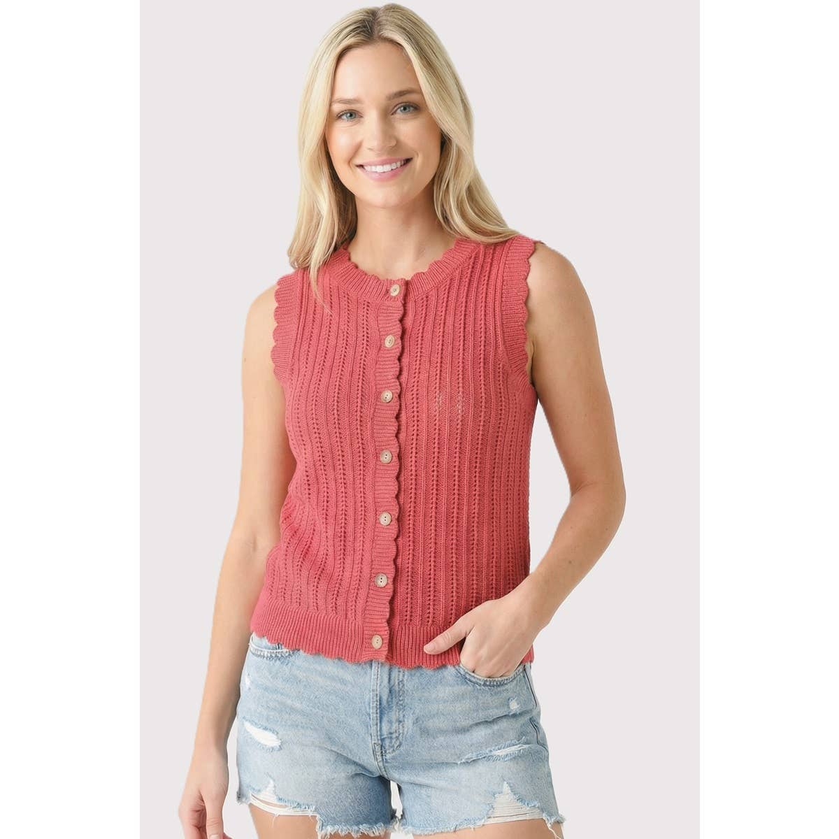 SCALLOP HEM FINISH BUTTON DOWN SWEATER