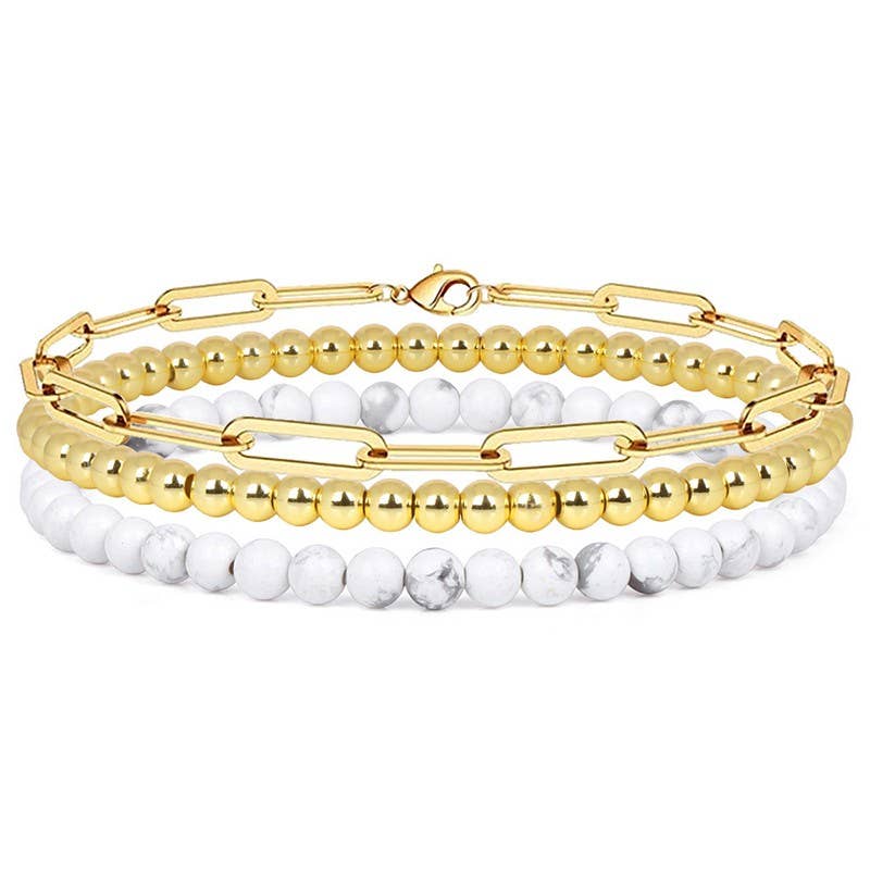 MULTI LAYER NATURAL STONE BALL CHAIN LINK BRACELET