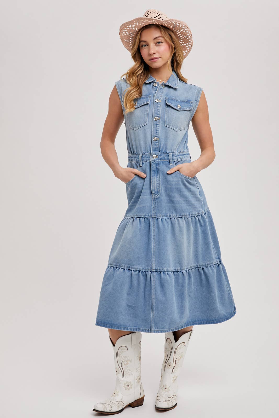 DENIM SLEEVELESS SHIRT TIERED MIDI DRESS