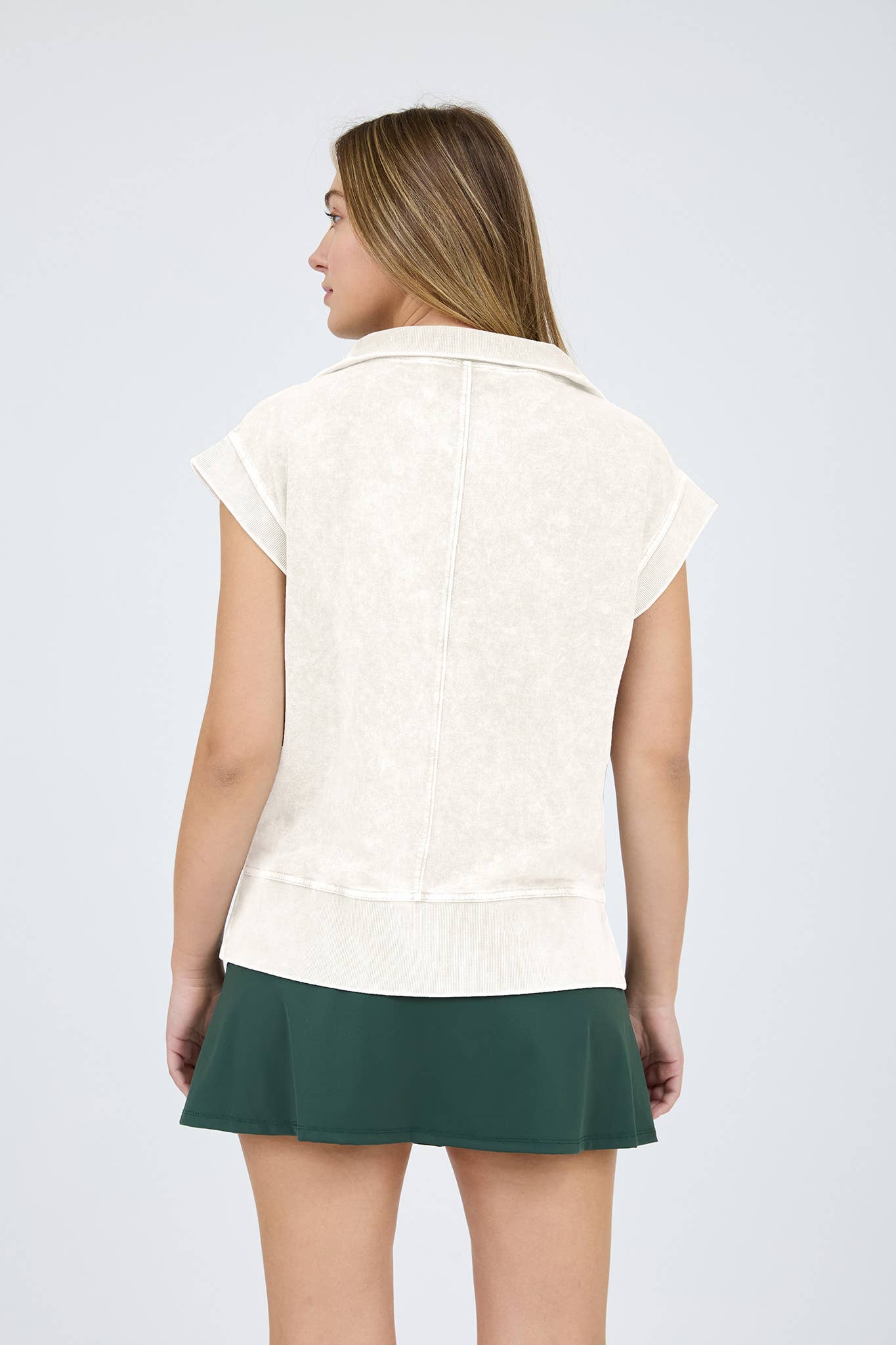 WASHED HALF ZIP RIBBED DETAIL SLEEVELESS KNIT TOP