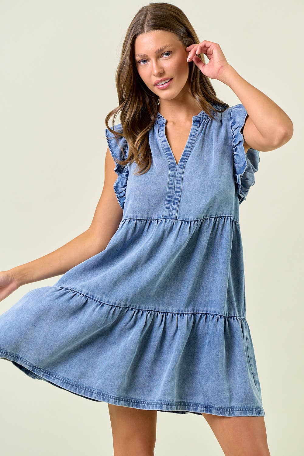 DENIM TENCEL RUFFLE TIERED MINI DRESS