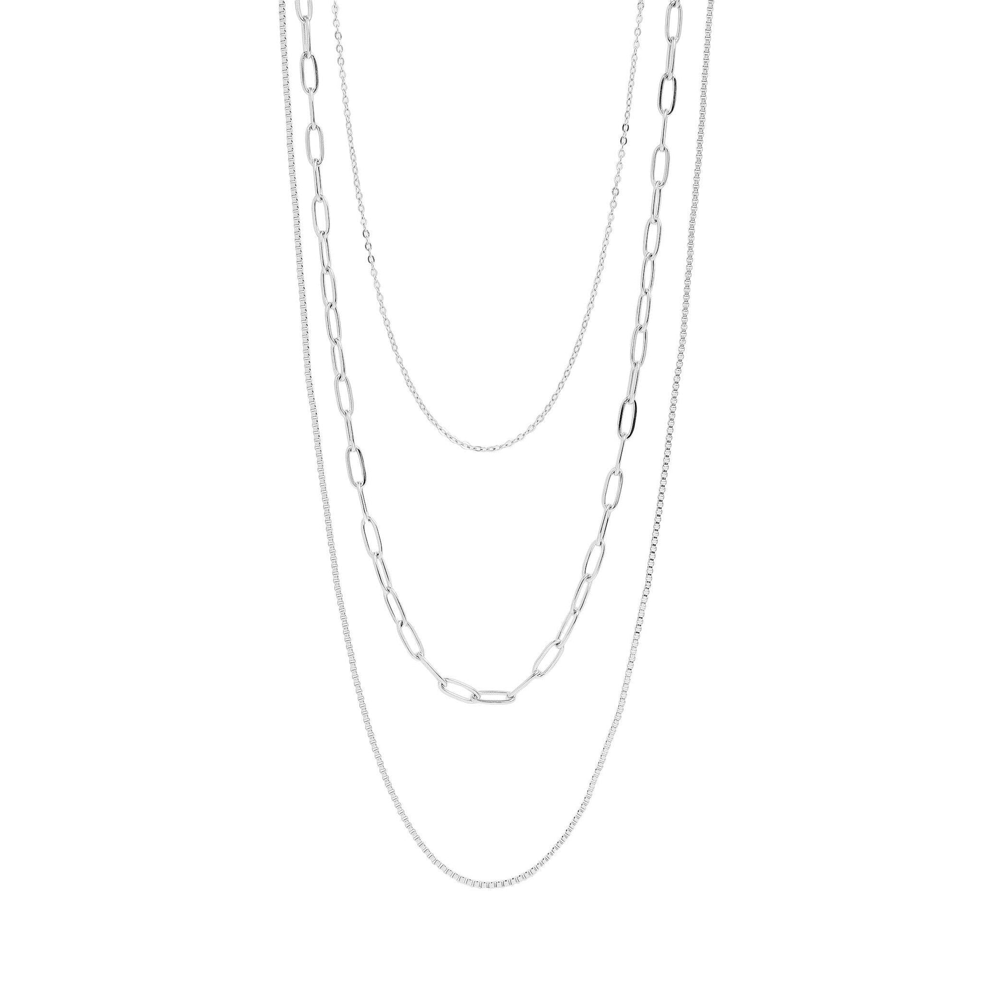 18K Gold PVD Stainless Steel Loop, Box, and Paperclip Layered Chain Necklace