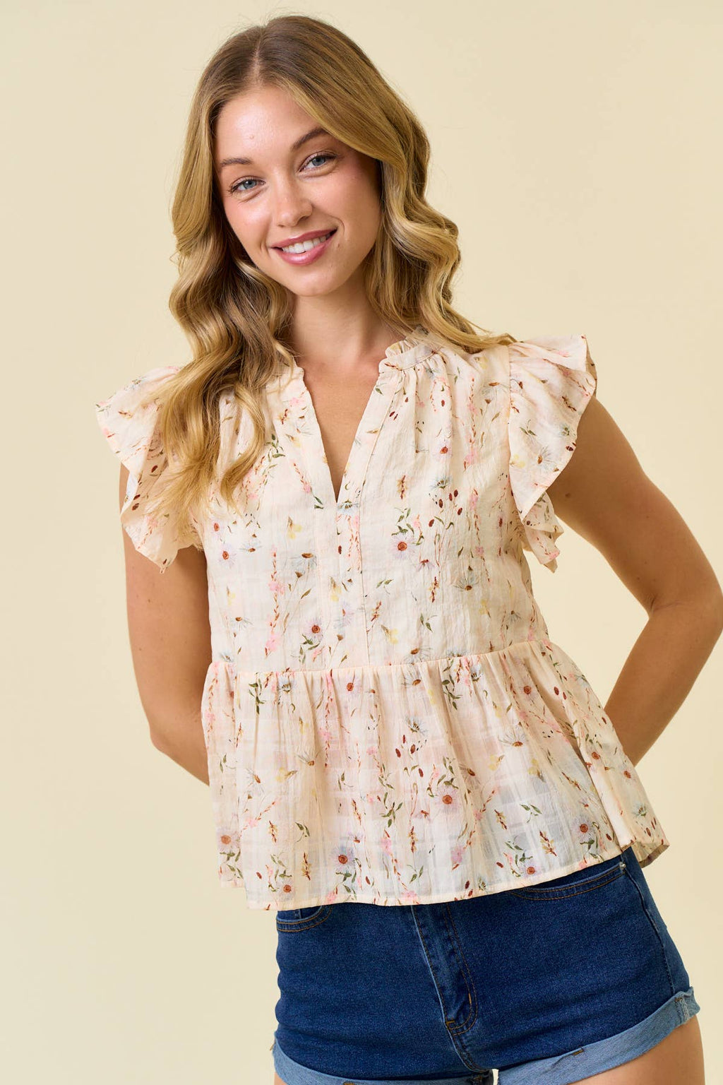 FLORAL PRINTED RUFFLE SLEEVE TOP
