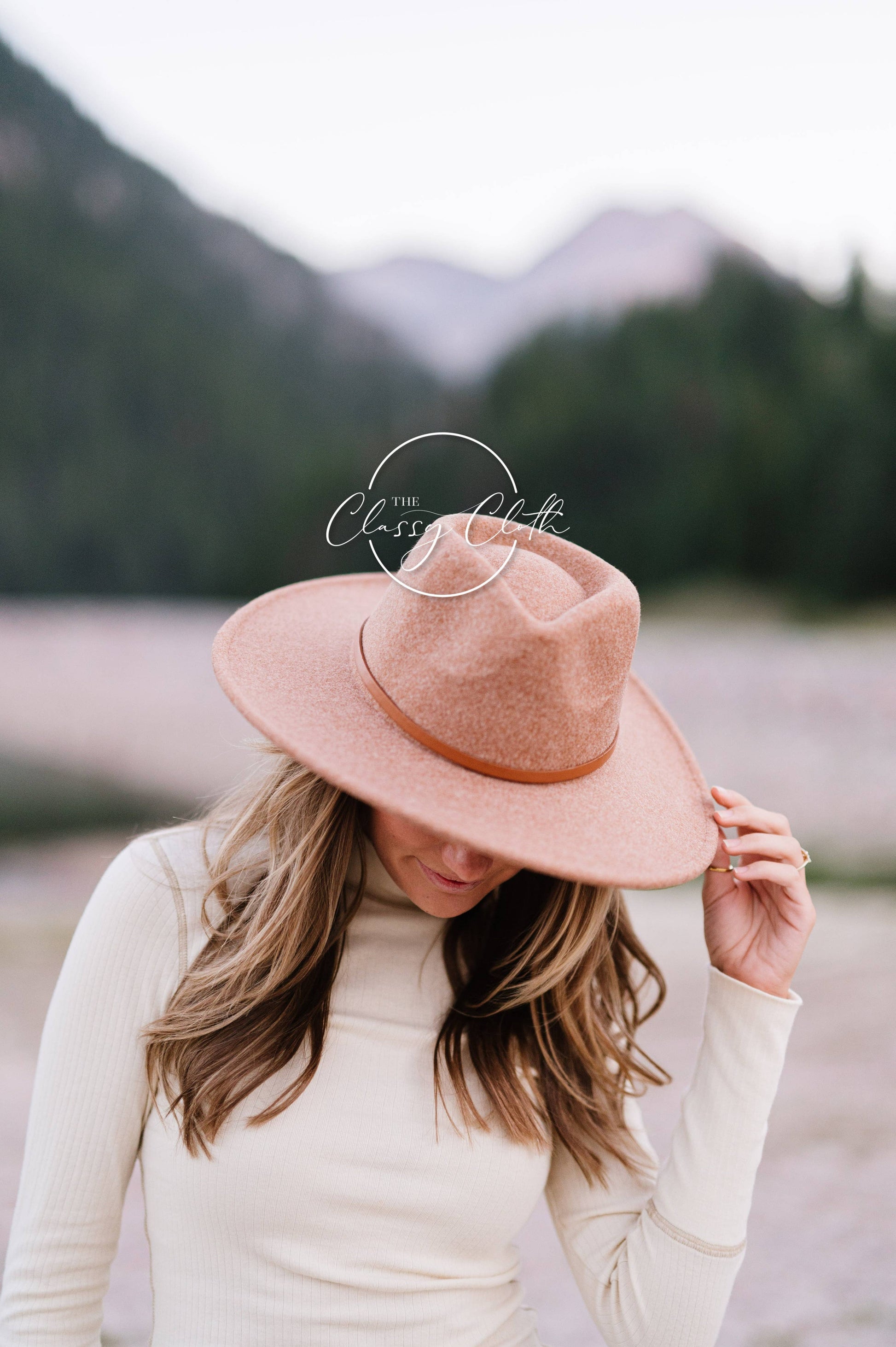 Wool Blend Wide Brim Hat w/ Belt - Camel