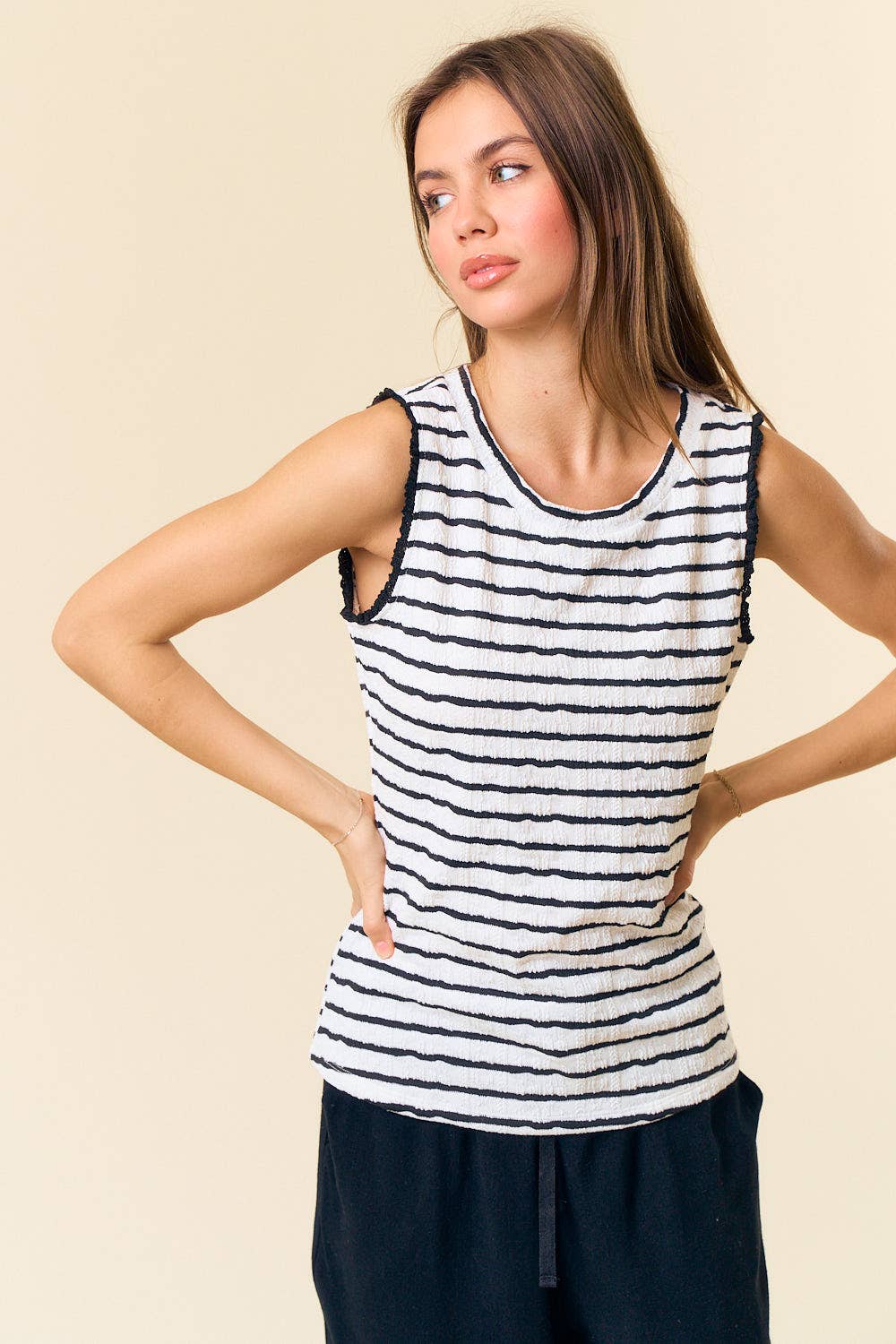 TEXTURED STRIPE KNIT RUFFLE TANK TOP