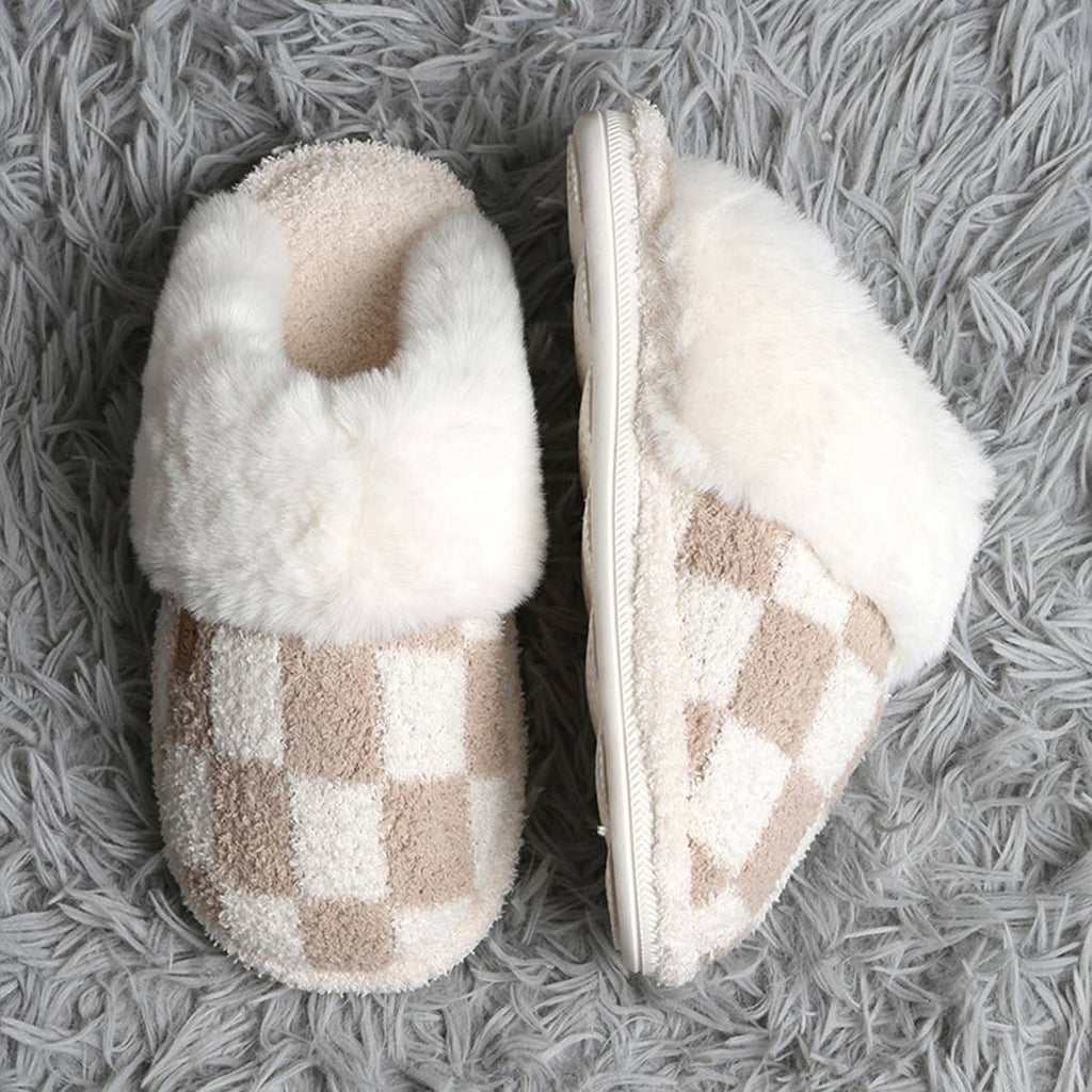 Checkered Faux Fur Cuff Luxury Soft Slipper