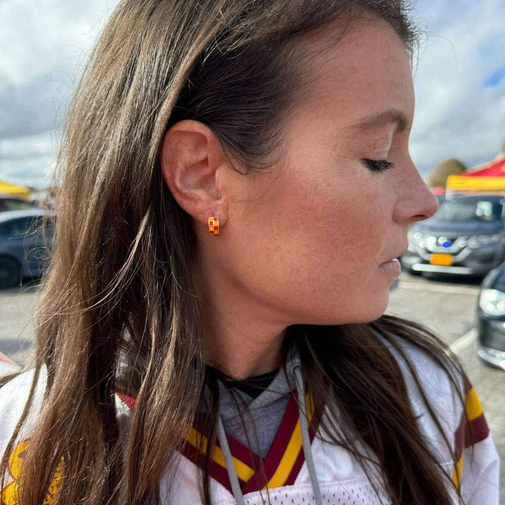 Red & Yellow Checkered Enamel Huggie Earrings