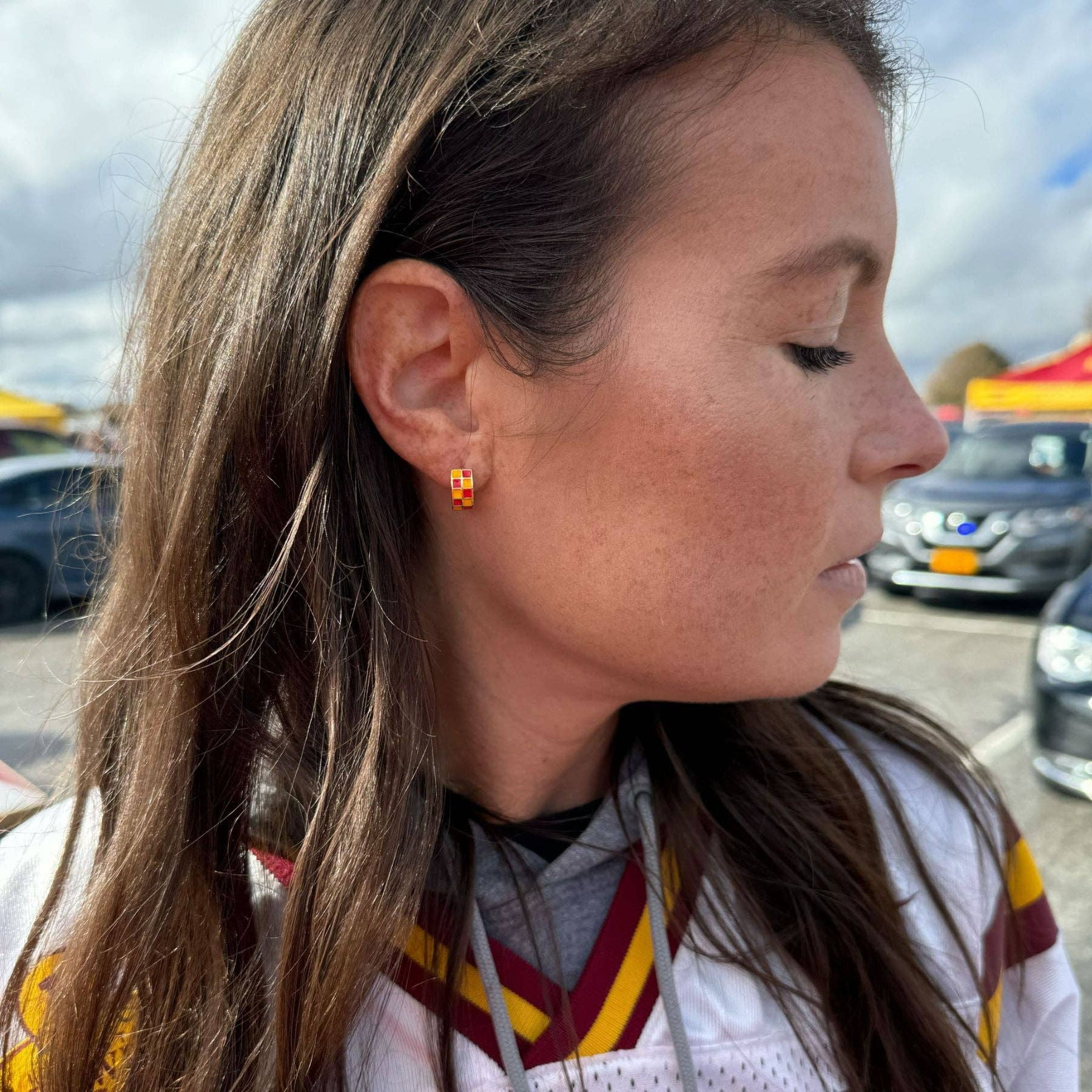 Red & Yellow Checkered Enamel Huggie Earrings