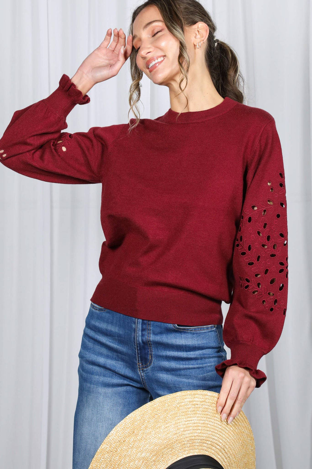Crewneck Long Sleeve Cutwork Embellishment Sweater