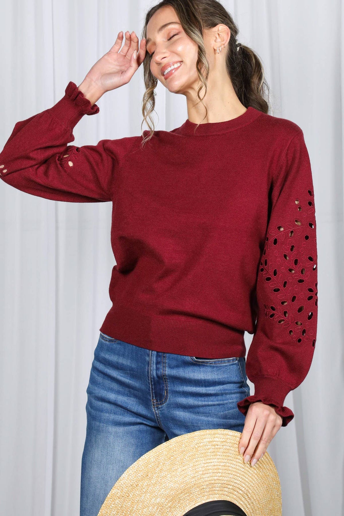 Crewneck Long Sleeve Cutwork Embellishment Sweater