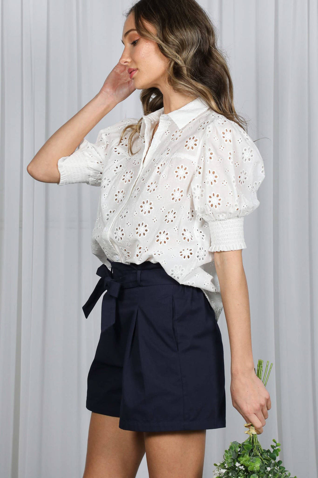 Floral Eyelet Lace 100%Cotton Collared Blouse