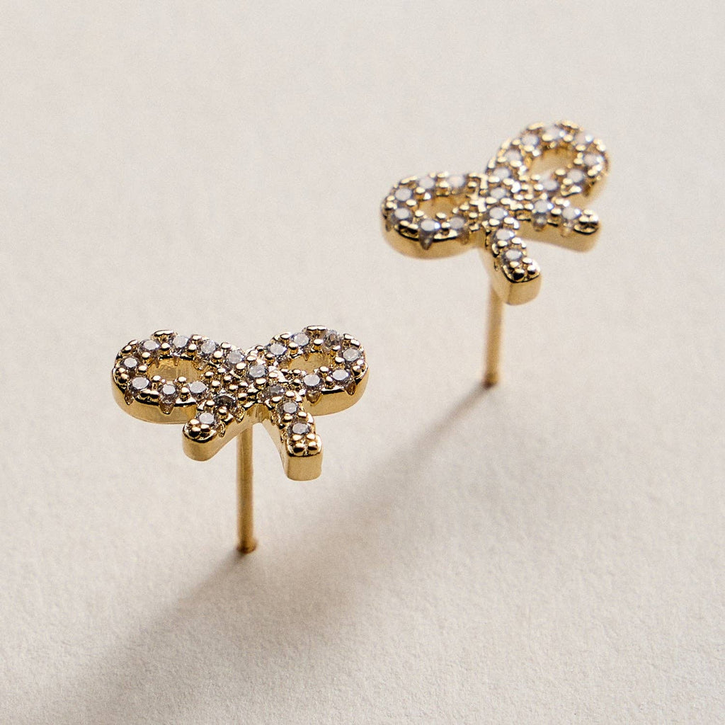 Gold Filled Bow Stud Earrings with Sparkling CZ Accents