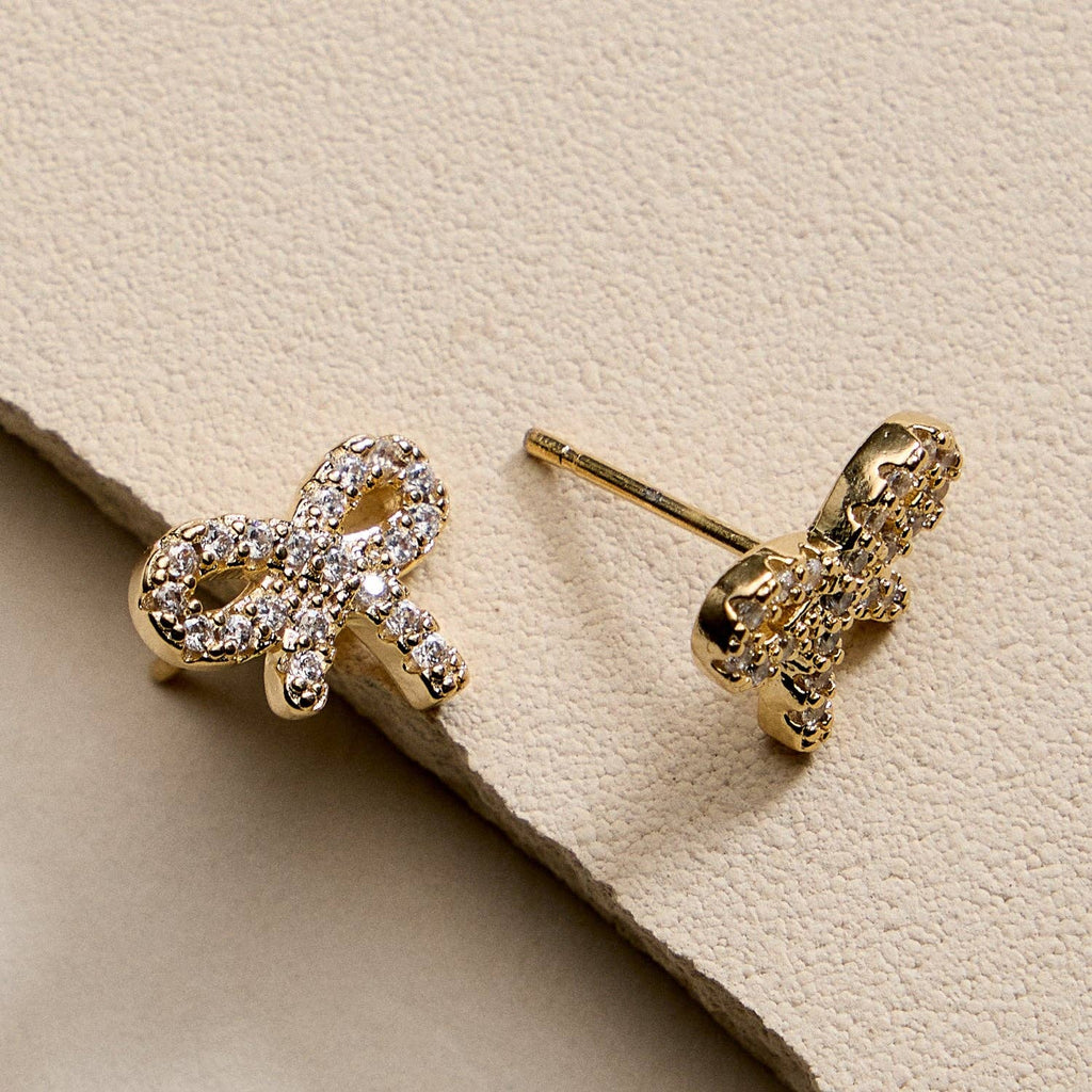 Gold Filled Bow Stud Earrings with Sparkling CZ Accents