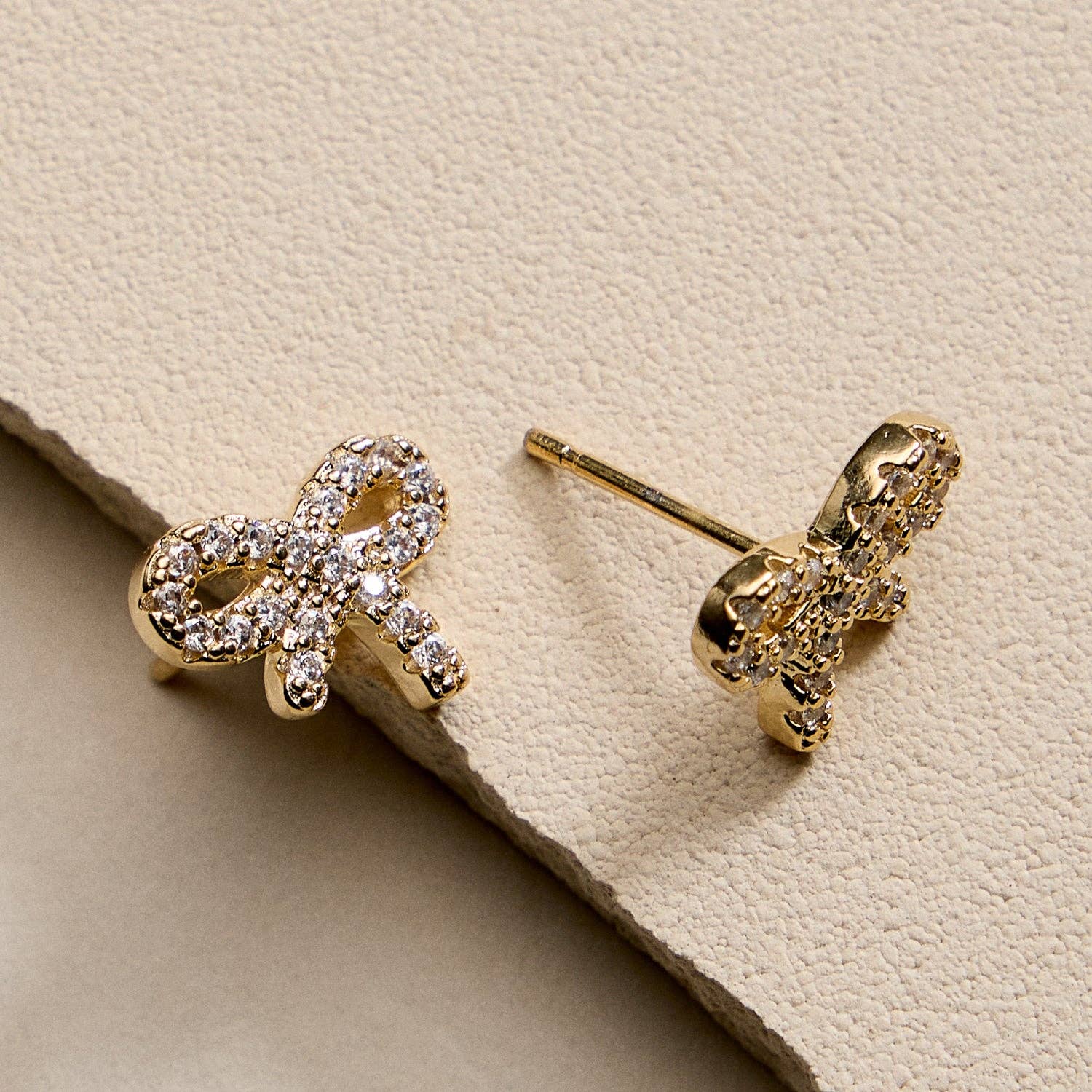 Gold Filled Bow Stud Earrings with Sparkling CZ Accents