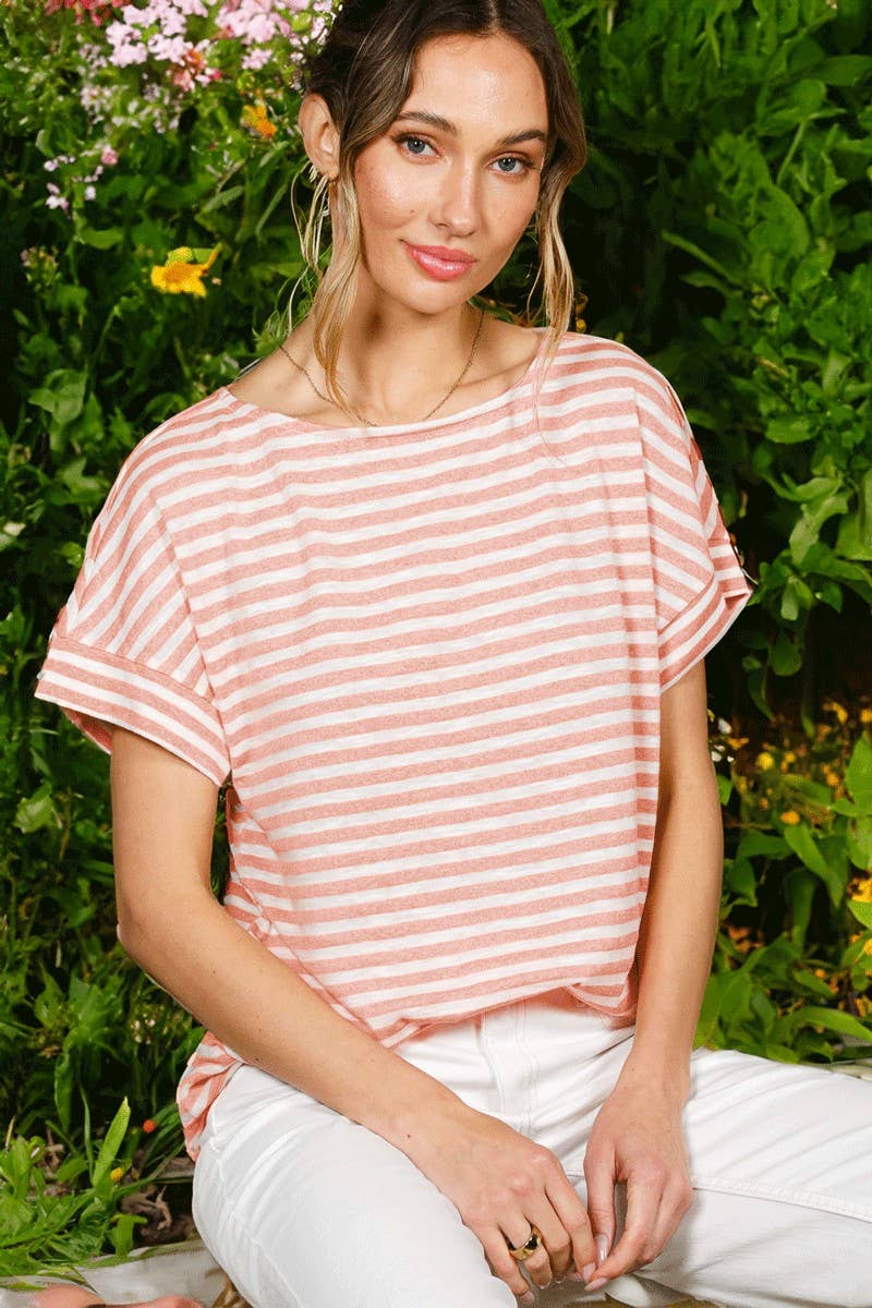 Striped Short Dolman Boat Neck Knit Top