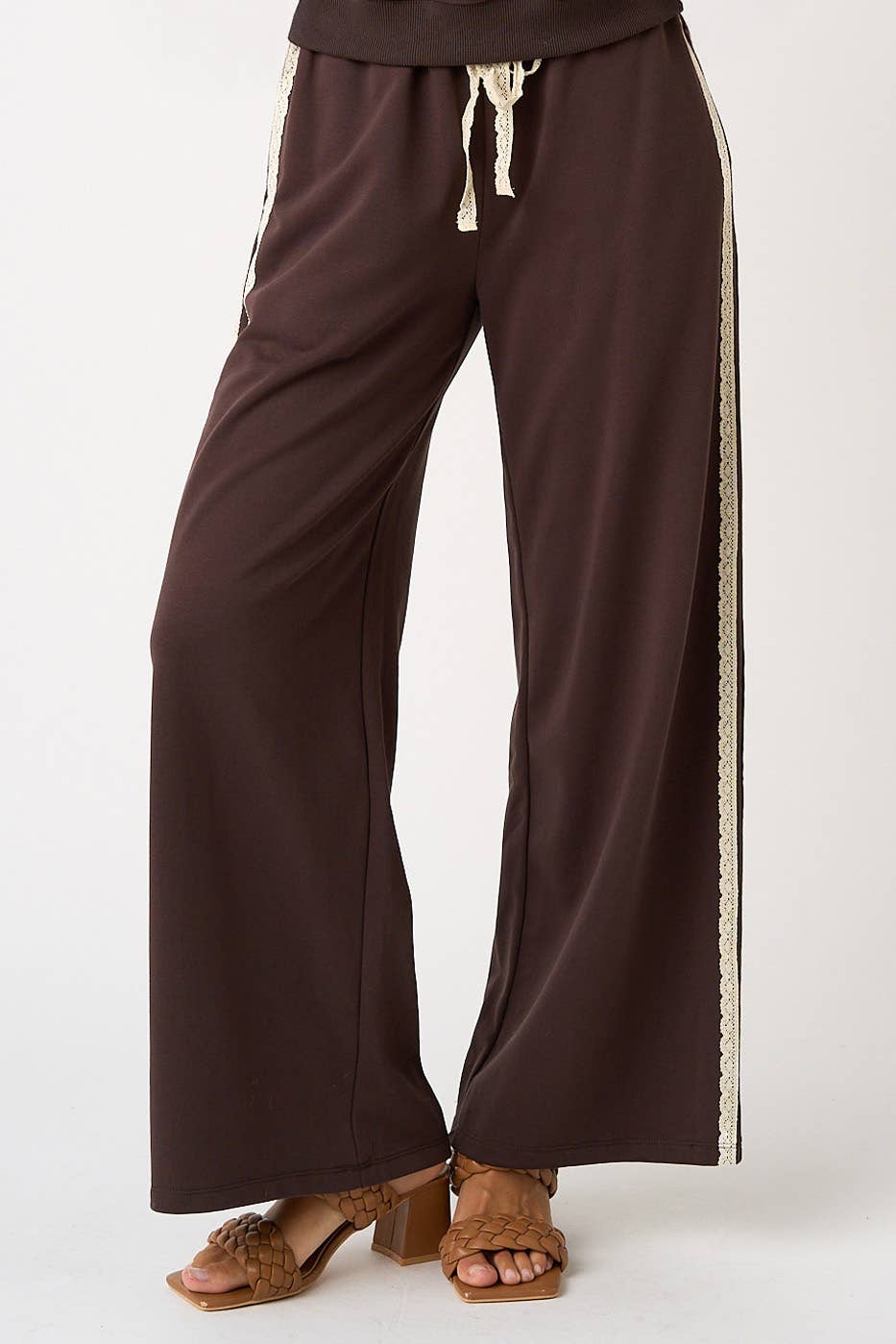 LACE STRIPED ELASTIC WAIST TERRY SWEATPANTS