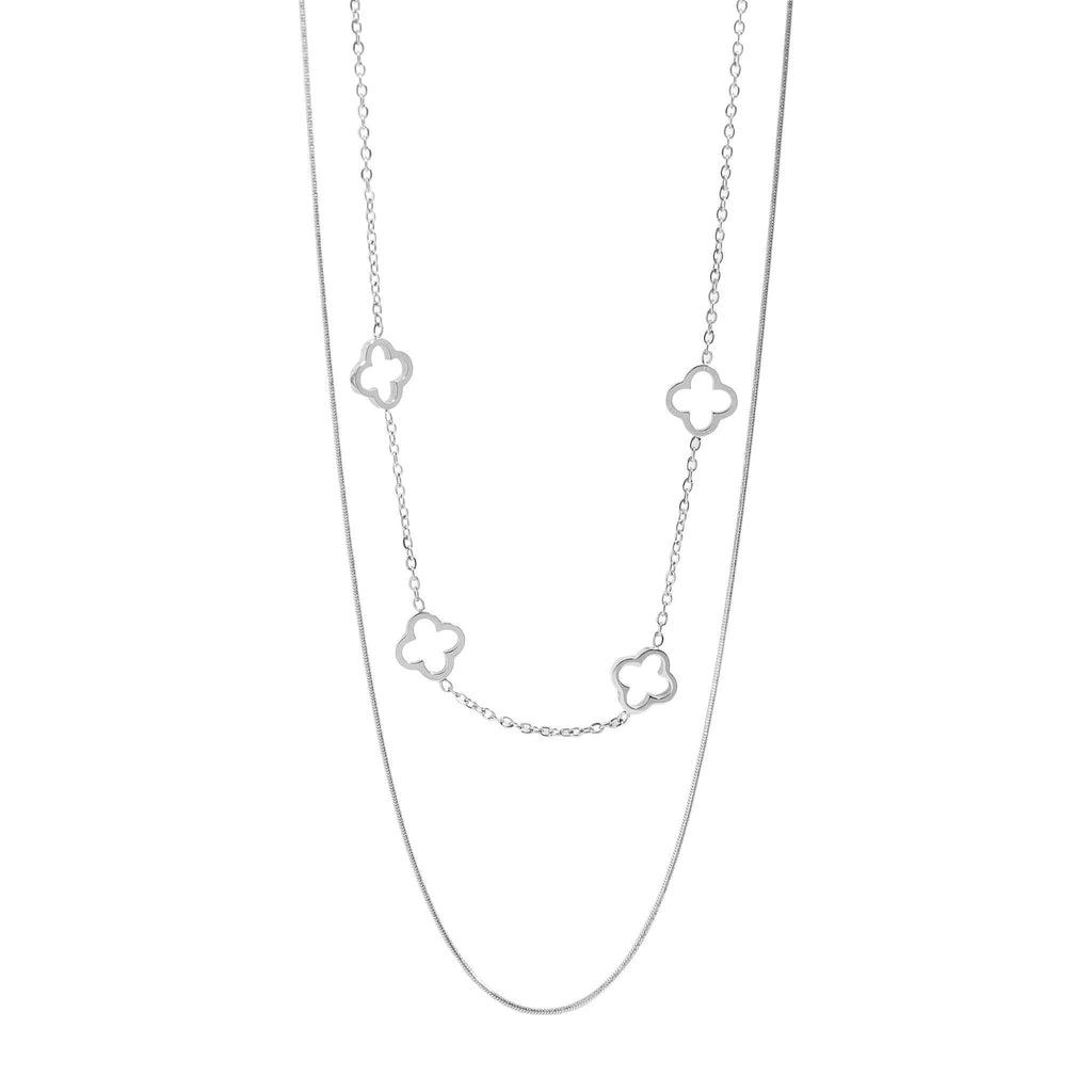 18K Gold PVD Stainless Steel Layered Clover Charm Necklace: Stainless