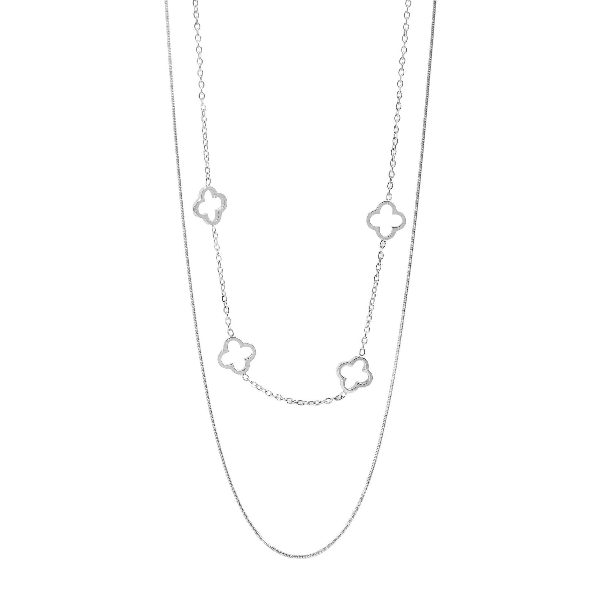 18K Gold PVD Stainless Steel Layered Clover Charm Necklace: Stainless