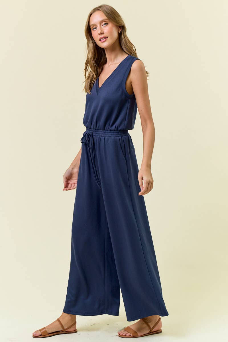 V NECK BRUSHED MODAL WIDE CULOTTE LEG JUMPSUIT