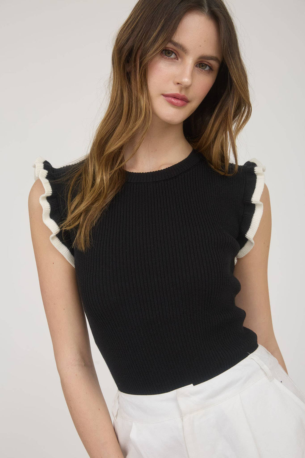 CONTRAST RUFFLE SLEEVE SWEATER KNIT TOP