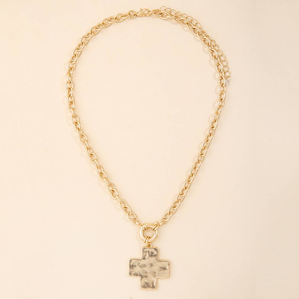 Hammered Square Cross Pendant Chunky Chain Necklace