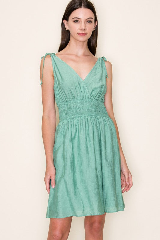 Drawstring shoulder v-neck dress