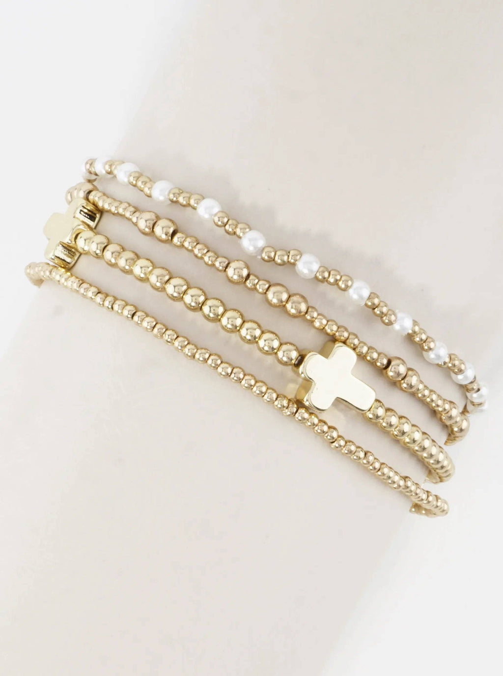 4PC-Set Cross Accents Metallic Stretch Bracelets