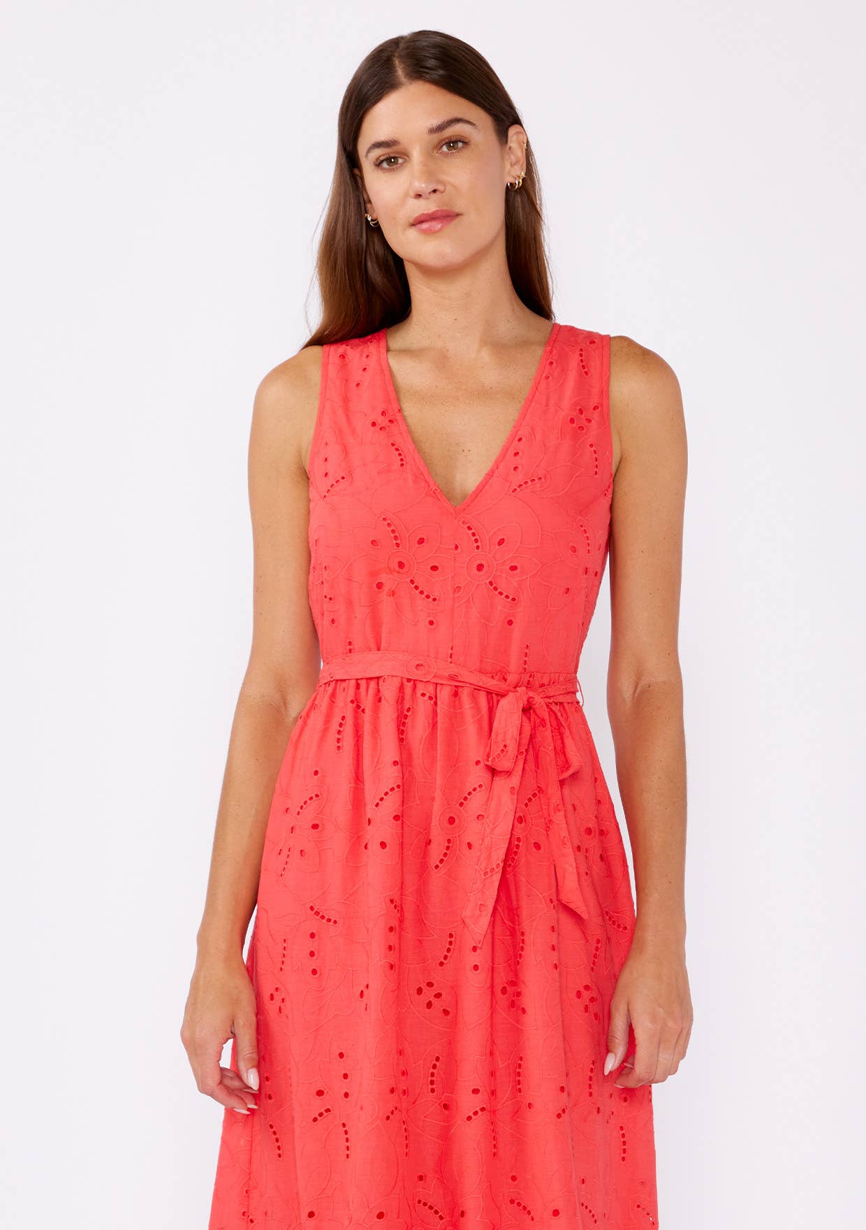 V-Neck Eyelet Midi Dress with Waist Belt