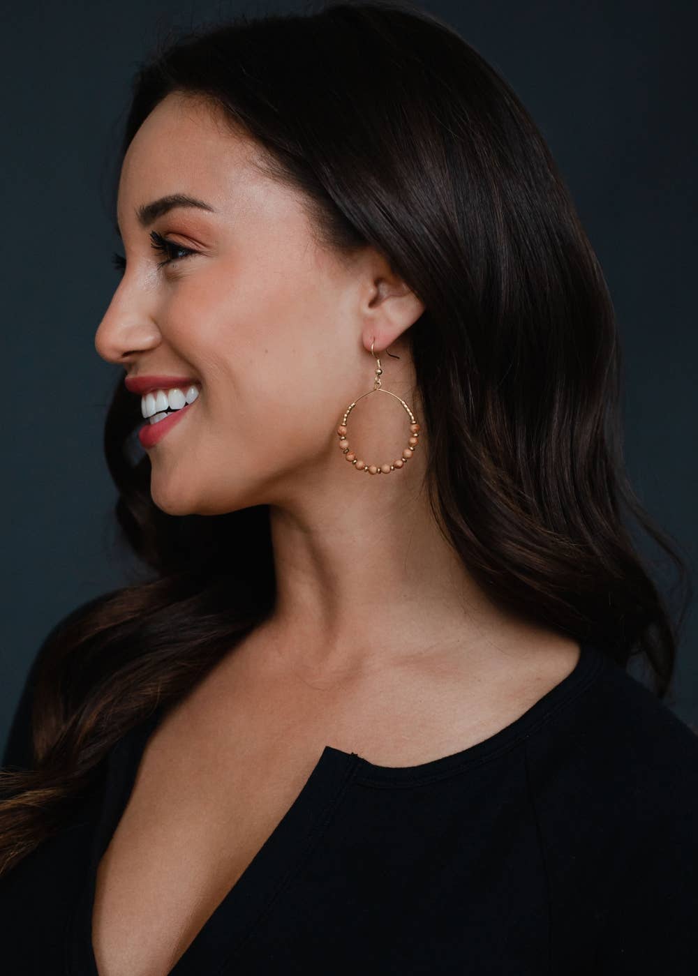 Gold Wire Dangle Hoop Earrings  - Tan