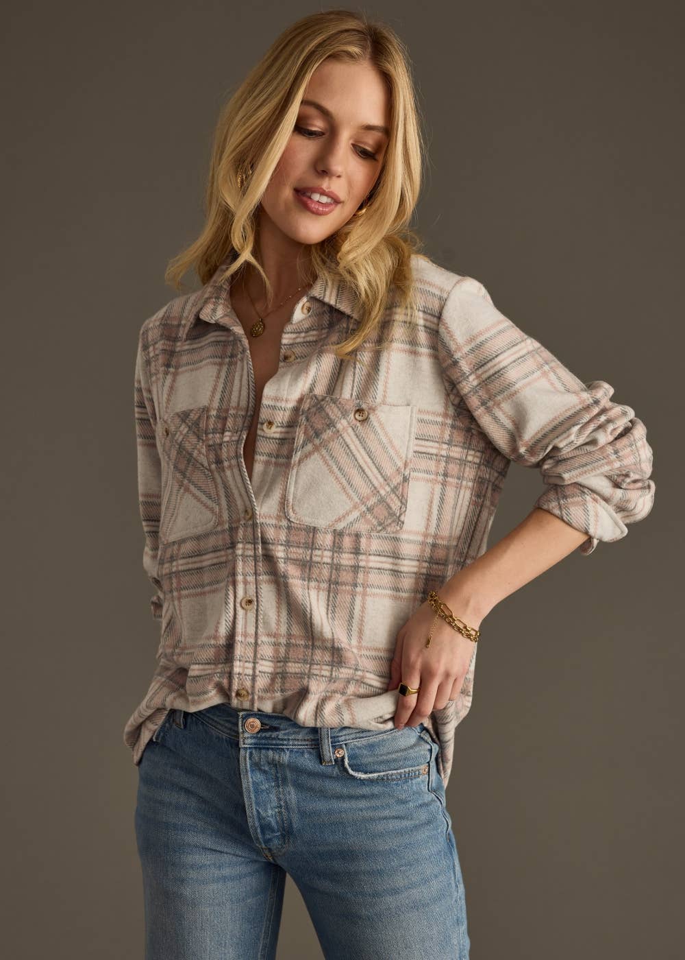 Pink, Gray & Tan Plaid Button Up