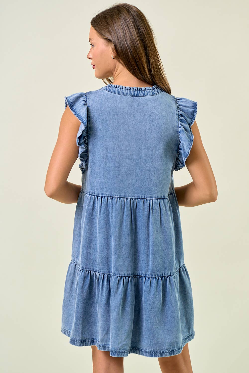 DENIM TENCEL RUFFLE TIERED MINI DRESS