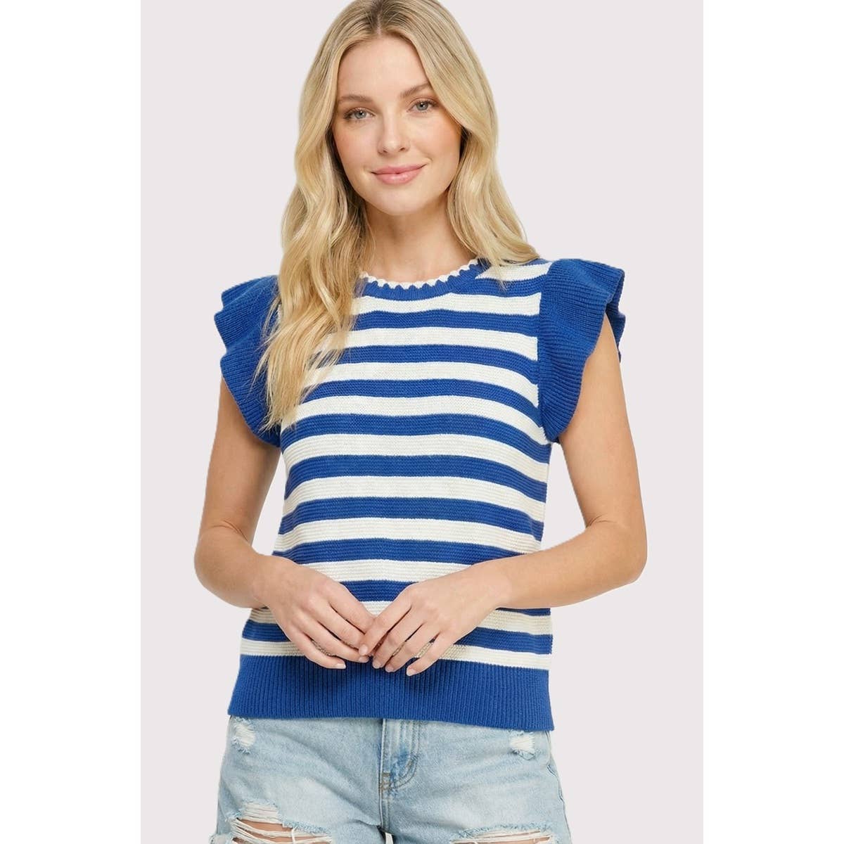 STRIPED RUFFLE SLEEVE SWEATER