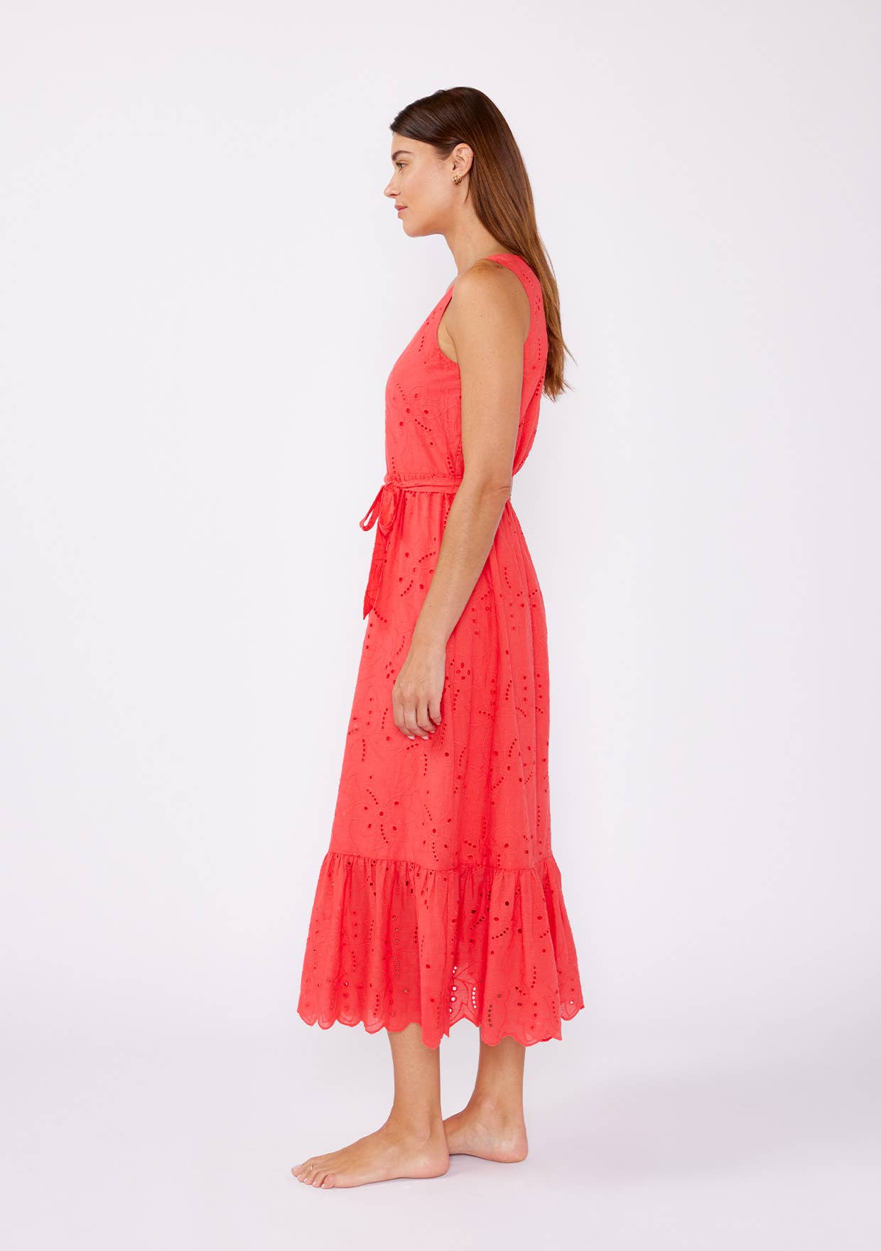 V-Neck Eyelet Midi Dress with Waist Belt