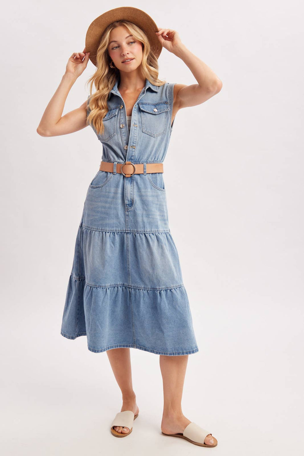DENIM SLEEVELESS SHIRT TIERED MIDI DRESS