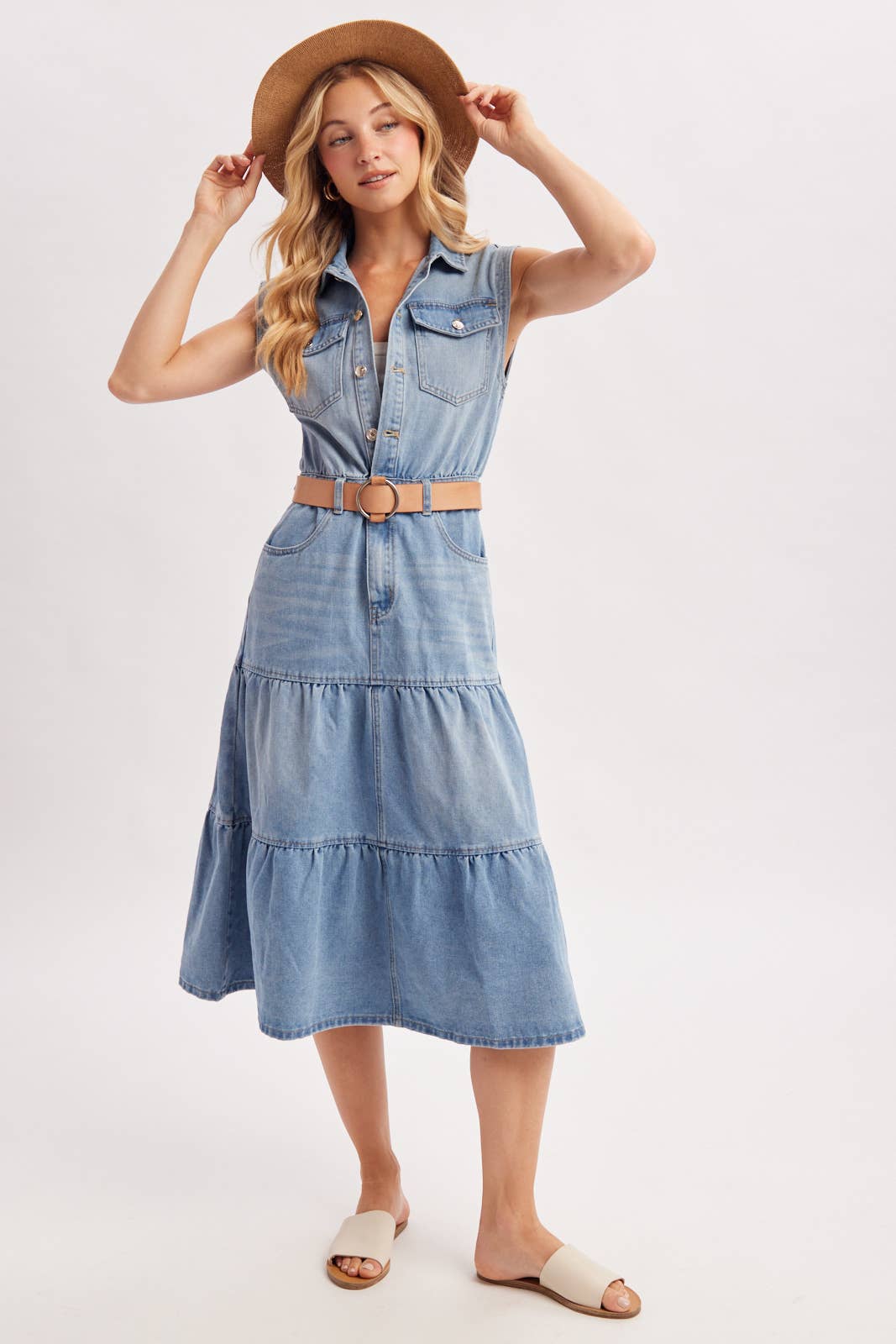 DENIM SLEEVELESS SHIRT TIERED MIDI DRESS