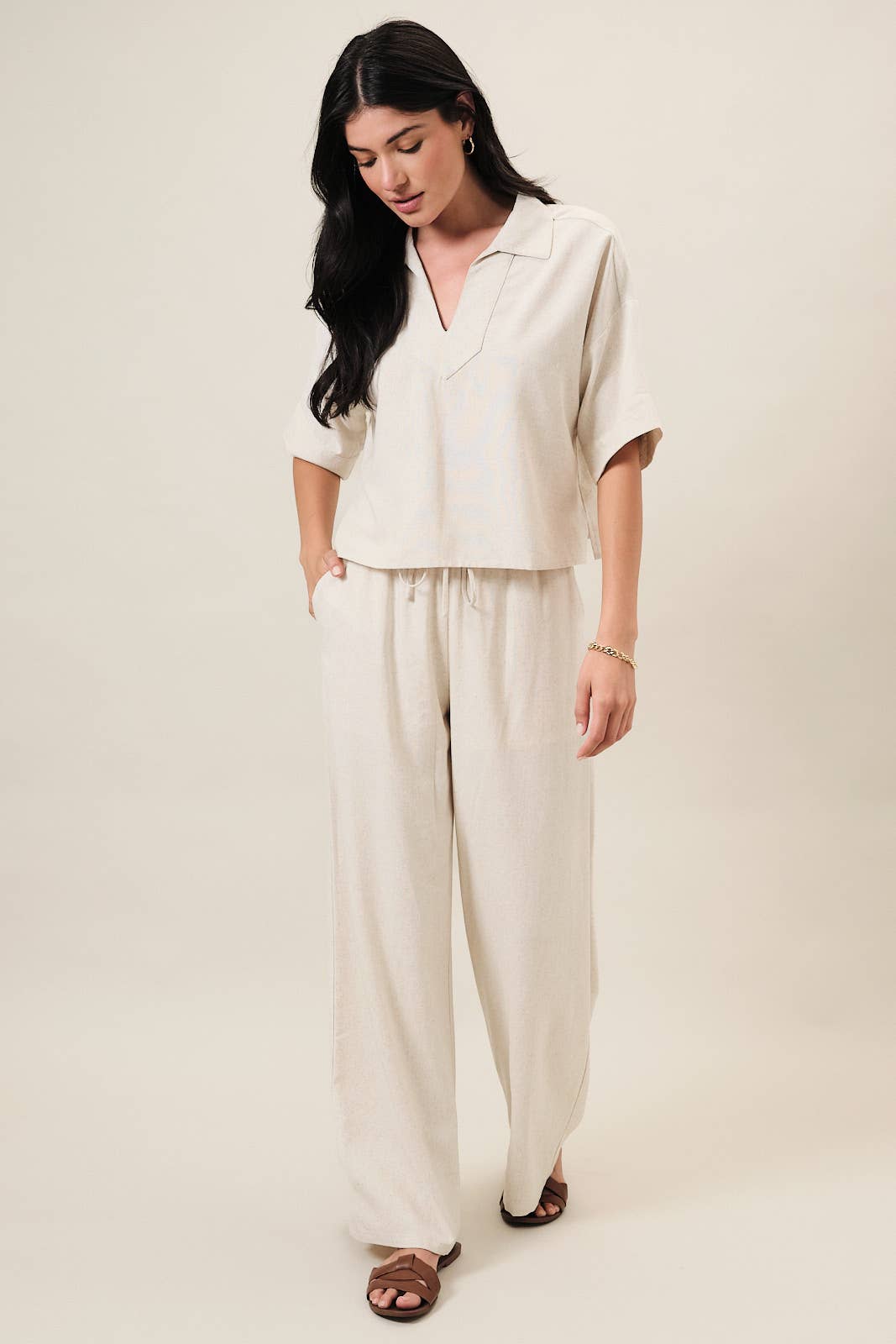 ELASTIC WAIST DRAWSTRING BACK PATCH POCKET WIDE LINEN PANTS