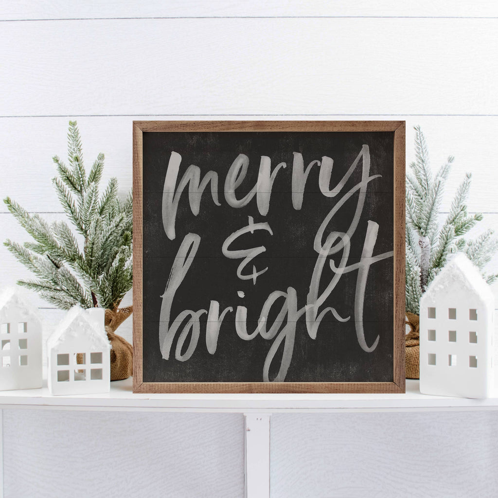 Merry And Bright Chalk Black Wood Framed Sign 8x8