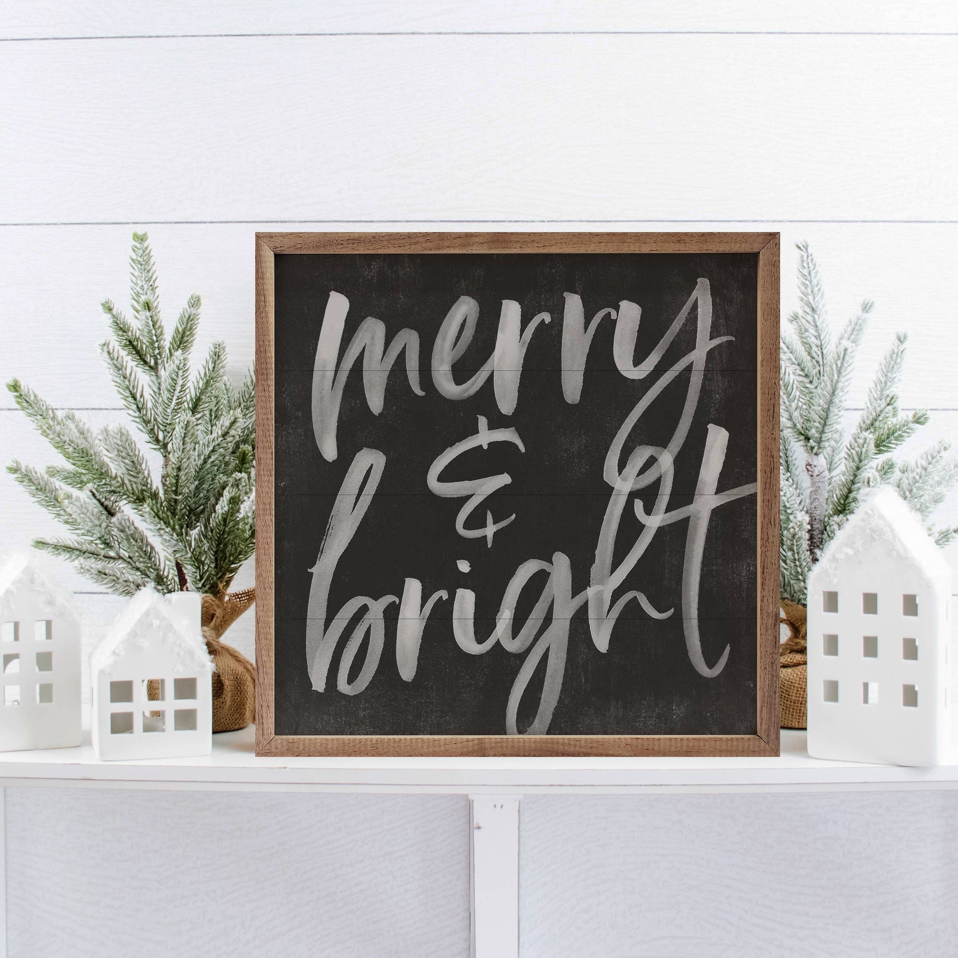 Merry And Bright Chalk Black Wood Framed Sign 8x8