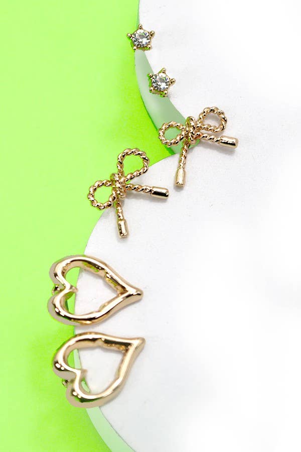 BOW HEART CHARM STUD EARRINGS SET
