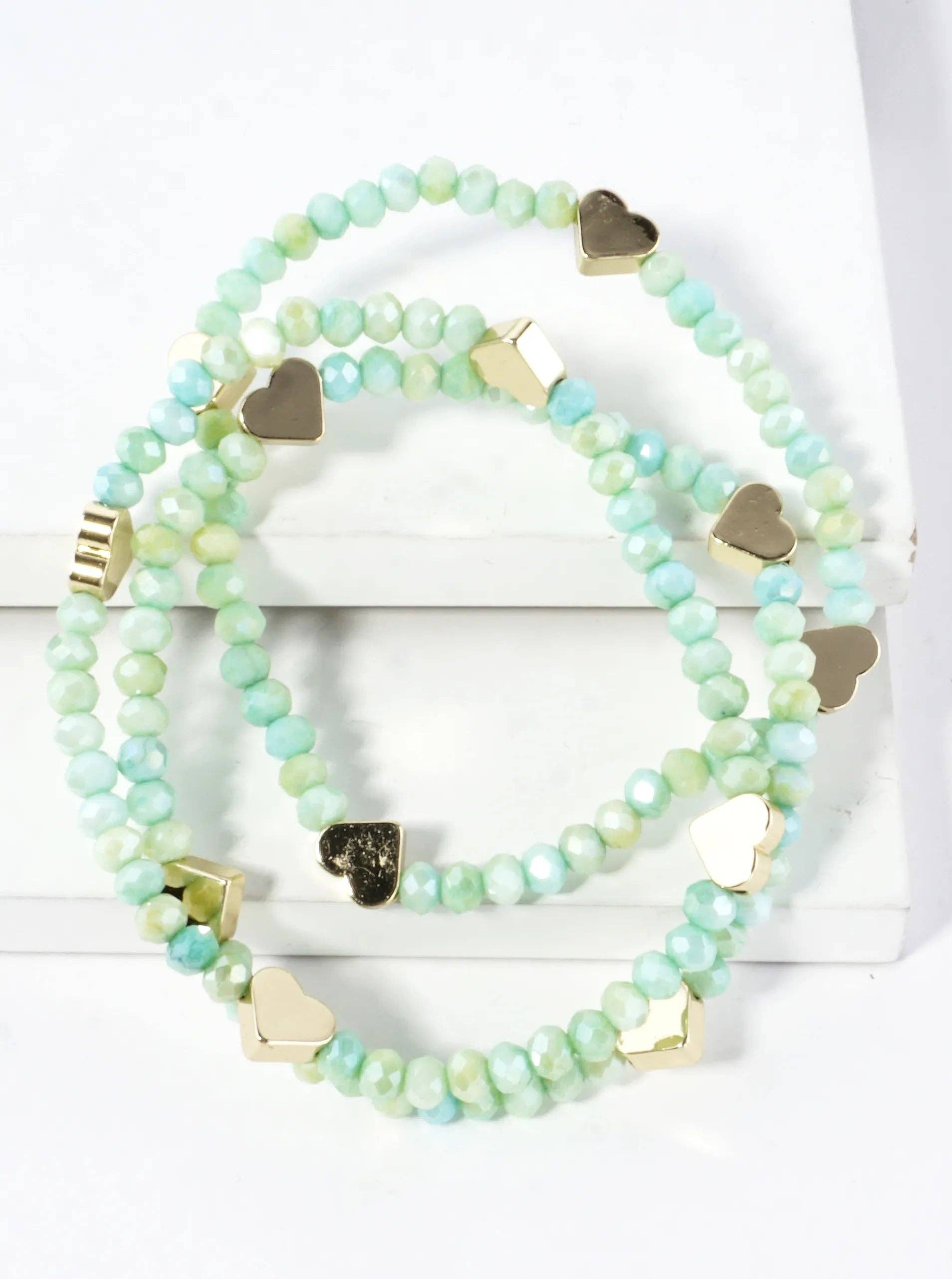 3-PC Set Faceted Glass Beads Hearts Stretch Bracelets