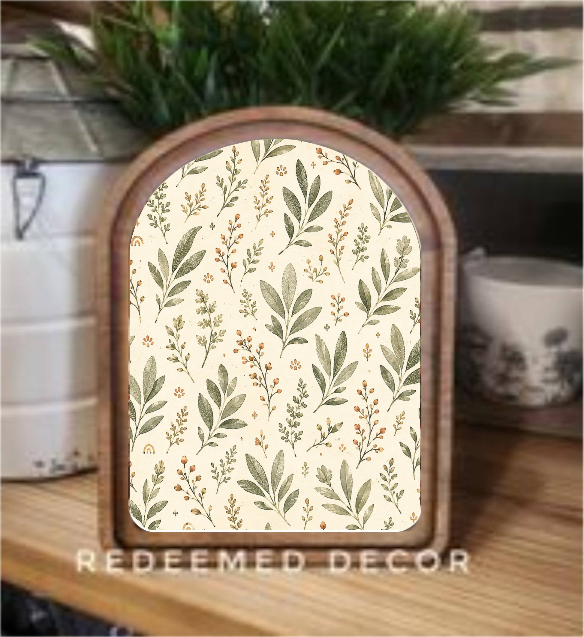 8x11 Arch Top Olive Leaf Pattern Framed Art